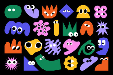 Set of funny and colorful shapes with eyes. Cartoon characters. Emotional forms. Childish vector elements. Doodle art.