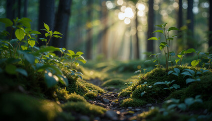 Beautiful forest landscape with sun rays passing through the tree branches and plants closeup