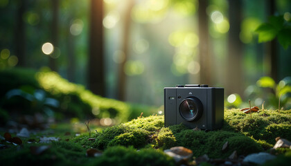 Black photo camera surrounded by beautiful forest landscape with sun rays passing through the tree branches and plants closeup