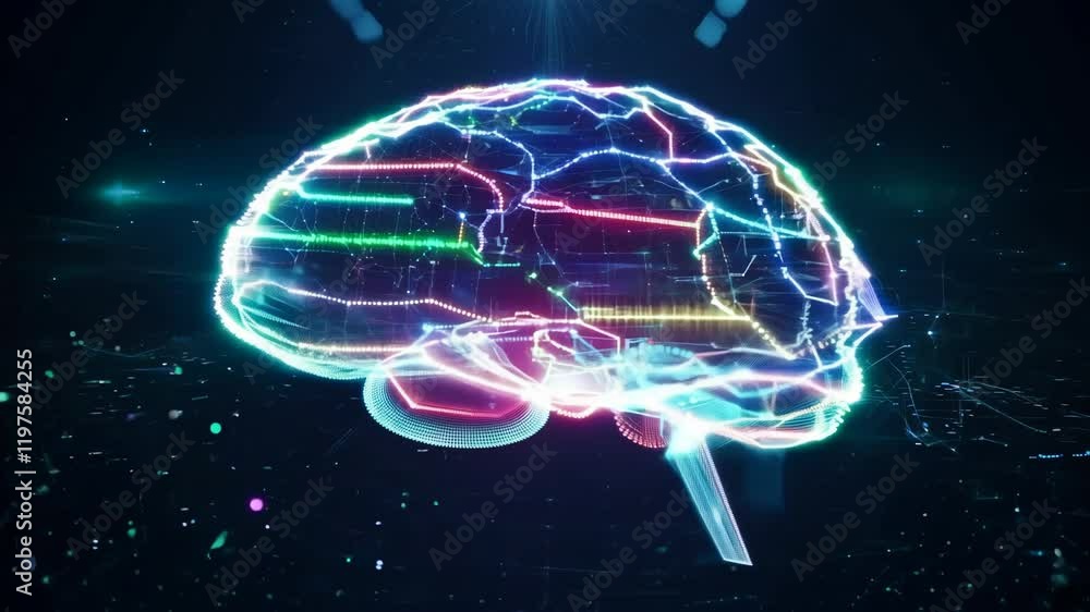 Poster Digital holographic AI brain science concept. Artificial intelligence brain network