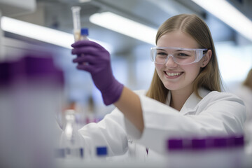 A young woman with purple rubber gloves, safety glasses and white lab coat is working in the laboratory.	