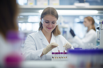 A young woman with rubber gloves, safety glasses and white lab coat is working in the laboratory.	