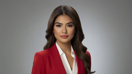 portrait of a latina american mexican professional woman tv news presenter long hair wearing red woman dressed elegantly formal on a white background