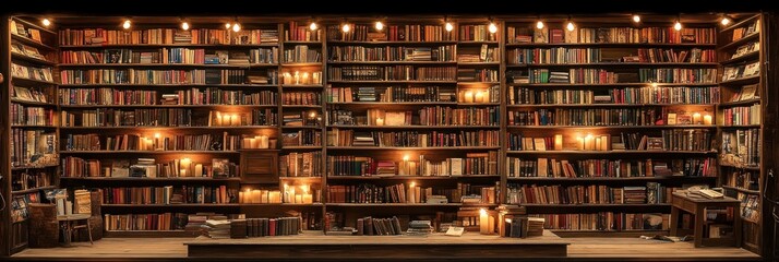 Large wooden bookcase filled with many books and lit by candles.
