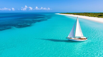 Obraz premium Sailboat on turquoise ocean near white sand beach.