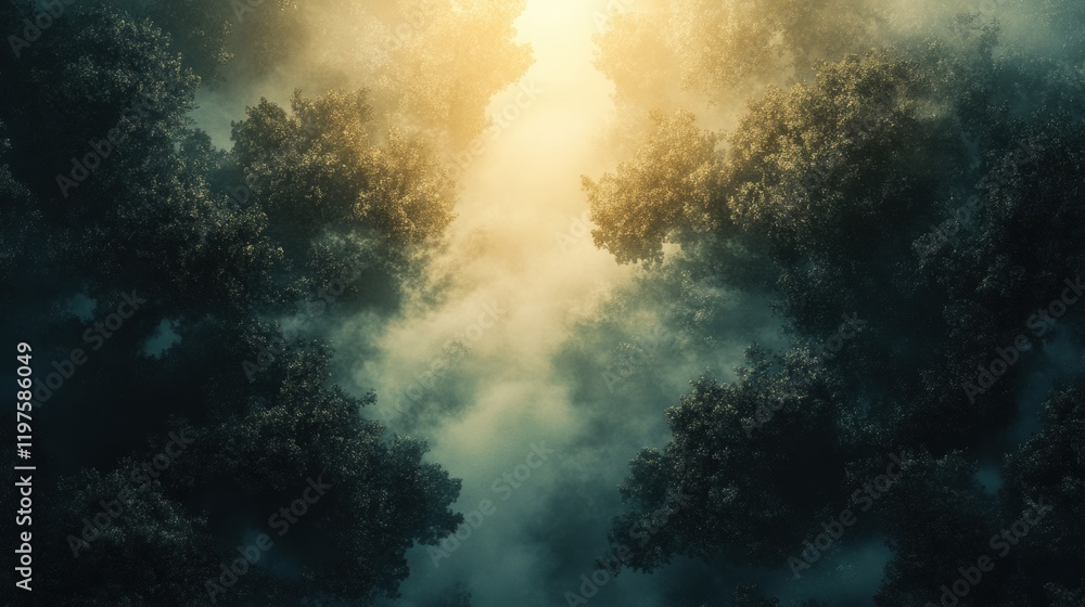 Aufkleber Mysterious light breaking through a thick forest canopy at dawn with ample space for text. Generative AI