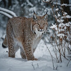 Obraz premium Eurasian lynx walking on snow. lynx in snow. A lynx crouching in a snowy forest. lynx Animal. lynx Animal
