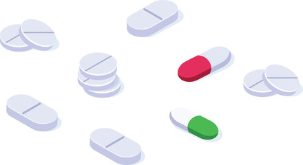 Different kinds of medicine pills and capsules are forming a pattern on a white background, representing pharmaceutical industry and healthcare