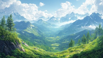 Fototapeta premium A sweeping vista of rolling mountains with forests in the valleys below, lush scenery, mountain range background