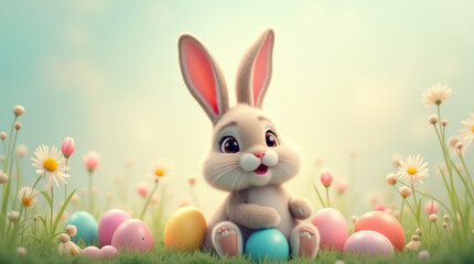 Adorable bunny surrounded by pastel Easter eggs and daisies in a sunny meadow, symbolizing spring and Easter celebration