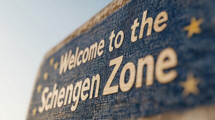 Welcome to Schengen Zone sign in soft sunlight. Ideal for travel blogs, tourism campaigns, and geopolitical content. Represents freedom, European unity, and cross-border exploration