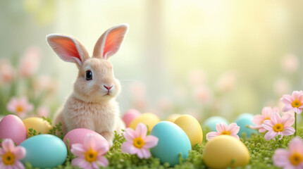 Fototapeta premium Cute bunny surrounded by pastel Easter eggs and pink daisies on grassy ground, with a soft blurred floral background. Spring concept