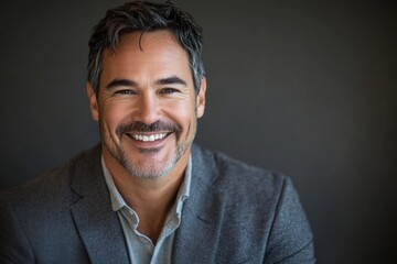 Obraz premium a Caucasian man, aged 30s to 50s, in minimal professional clothing, standing confidently with a relaxed, welcoming expression against a gray backdrop.