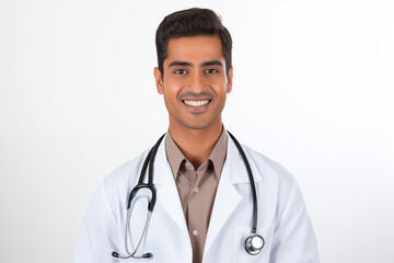 Fototapeta premium Smiling Indian doctor in medical uniform with stethoscope on white background, portrait of healthcare professional, confident and friendly physician in hospital or clinic, medical expertise, Indian he