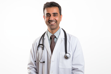 Fototapeta premium Smiling Indian doctor in medical uniform with stethoscope on white background, portrait of healthcare professional, confident and friendly physician in hospital or clinic, medical expertise, Indian he