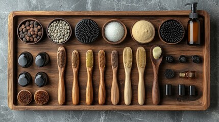 A view of various spa instruments and tools neatly arranged, treatment equipment
