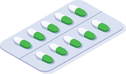 Blister pack containing green and white capsules lying on a white surface, representing pharmaceutical products, medication, healthcare, and treatment of diseases