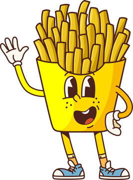 Naklejki Groovy fast food French fries retro cartoon character with happy smile, vector emoji. Groovy potato fries with funny face and Hi gesture fast food snacks or kids menu character in retro cartoon