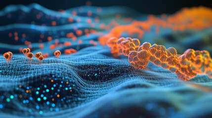 A detailed visualization presents vibrant molecular structures interacting within a textured environment. The composition illustrates intricate patterns highlighting scientific concepts.