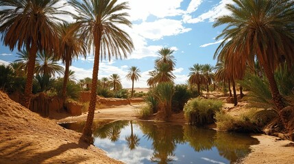 Serene oasis: palm trees, water, desert.