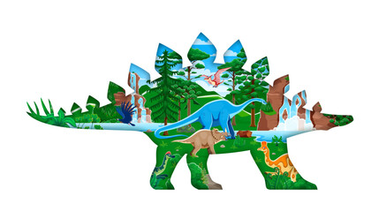 Prehistoric paper cut stegosaurus dinosaur silhouette. Extinct reptile paper cut vector banner with haplocanthosaurus, centrosaurus, corythosaurus and argentavis, pteranodon, hypacrosaurus dinosaurs © Vector Tradition