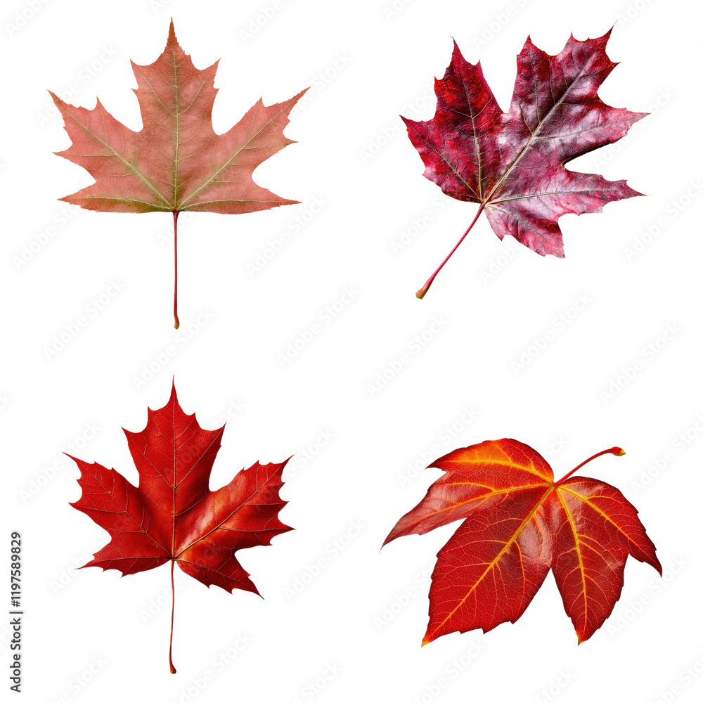 Poster four different colored leaves arranged on a black background displaying natural textures and shapes 