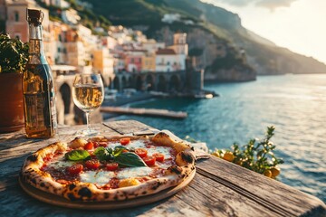 Rustic pizza and wine overlooking the stunning Amalfi Coast at sunset