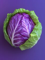 Obraz premium Vibrant purple cabbage surrounded by green leaves on a colorful background.