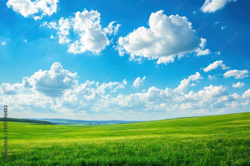 Poster bright green landscape under a clear blue sky with fluffy clouds and open space for creative text pl