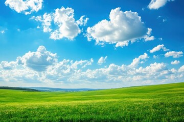 Obraz premium Bright green landscape under a clear blue sky with fluffy clouds and open space for creative text placement. Generative AI