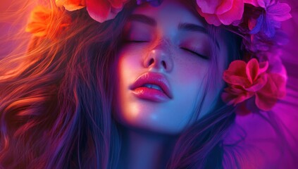 Naklejka premium Beauty in vibrant colors with floral crown during twilight