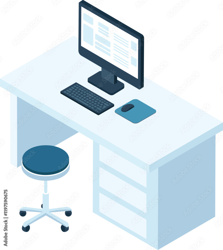 Poster isometric view of a workspace featuring a computer displaying data on its monitor, a keyboard, a mou