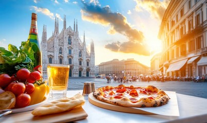 Delicious pizza at sunset with view of Duomo di Milano in Milan, Italy