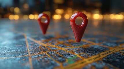 Map pins that mark an area on a three-dimensional map