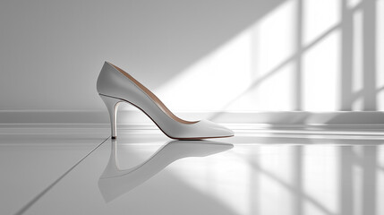 A stylish white high-heeled shoe rests on a shiny floor, reflecting light. Soft shadows from a nearby window enhance the minimalist aesthetic of the space.