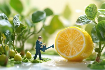 A miniature man waters a lemon tree, symbolizing growth and the cycle of life in nature.
