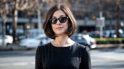A woman in sunglasses and a black dress stands on a street