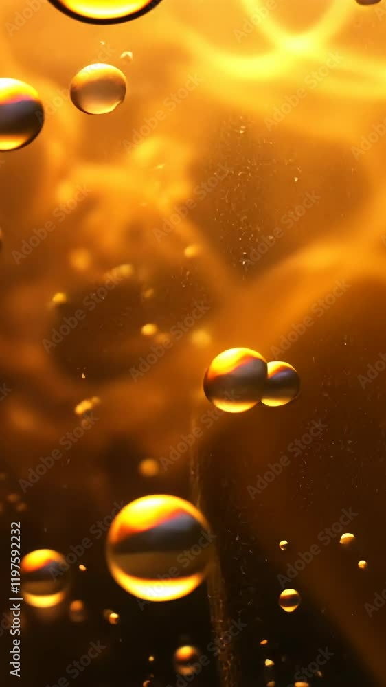 Poster bubbles rise in a golden liquid showcasing mesmerizing light patterns and reflections in a close-up 