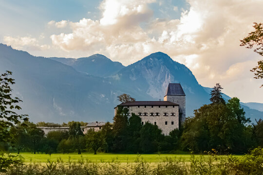 Alpine summer view with an old fortress at Brixlegg, Kufstein, Rattenberg, Tyrol, Austria