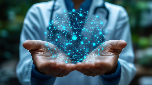 A healthcare professional stands confidently, offering a translucent globe filled with glowing connections. This representation signifies innovation in medical technology and global connectivity.