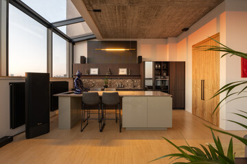 A Modern Kitchen Interior Featuring an Open Layout Combined with a Stunning City View