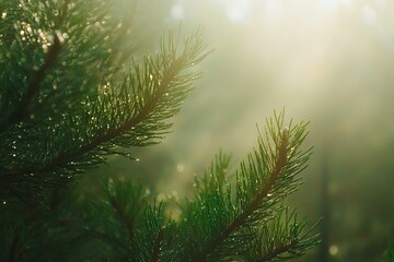 Obraz premium Dew-covered pine branches, sunlit forest.