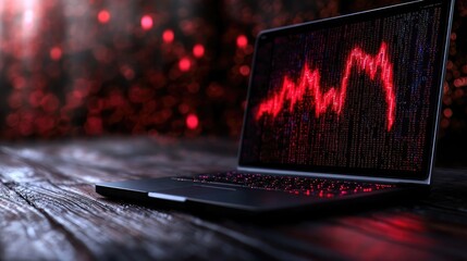 Laptop showing falling stock market graph, dark wood desk, red bokeh background; financial crisis concept