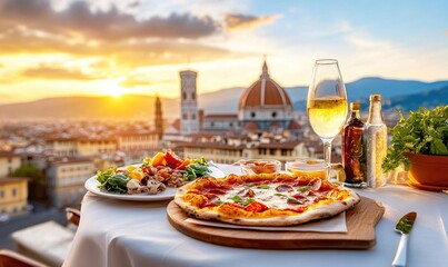 Enjoying pizza and wine with a sunset view of Florence Cathedral in Italy