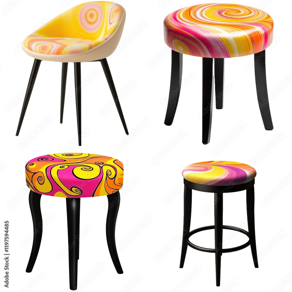 Poster four different colored stools arranged against a solid black background in a minimalist setting on w