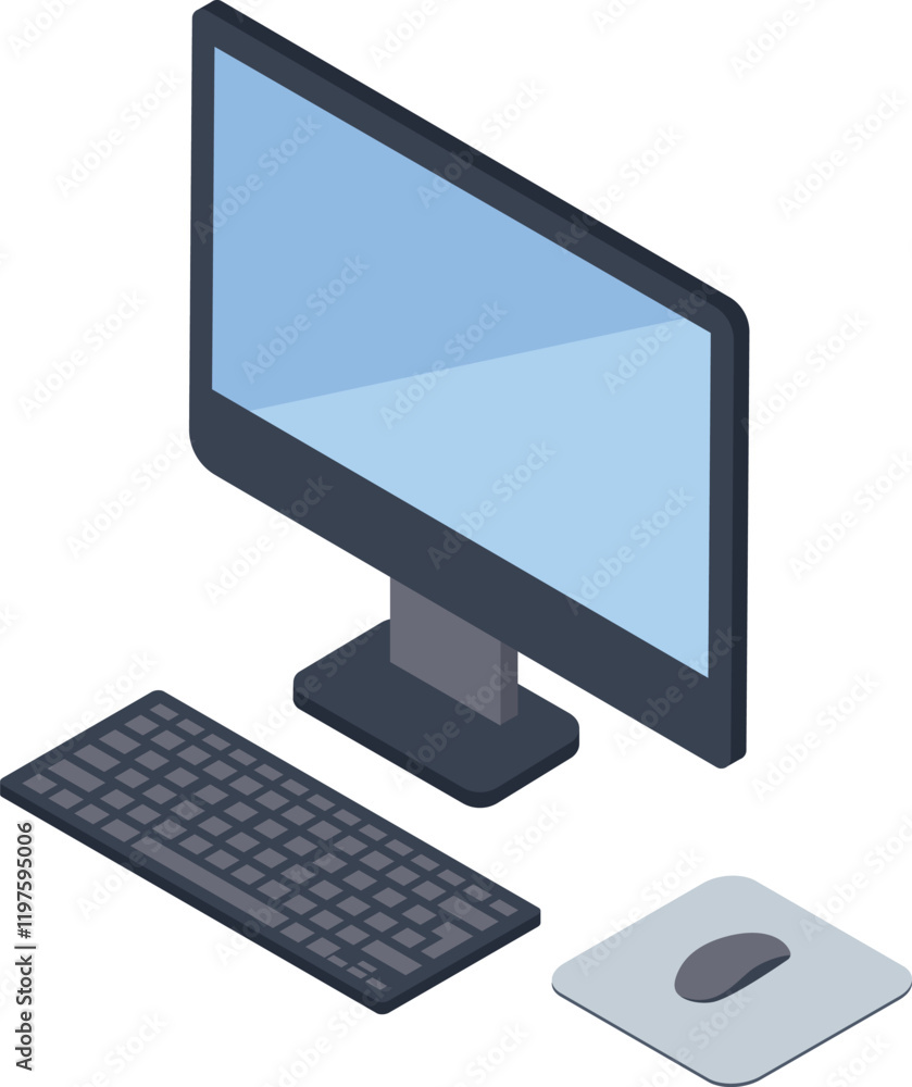 Poster isometric view of a desktop computer setup, featuring a monitor, keyboard, and mouse on a mousepad, 