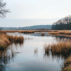 Fototapeta premium Calm water reflects trees, tranquil marsh scene.