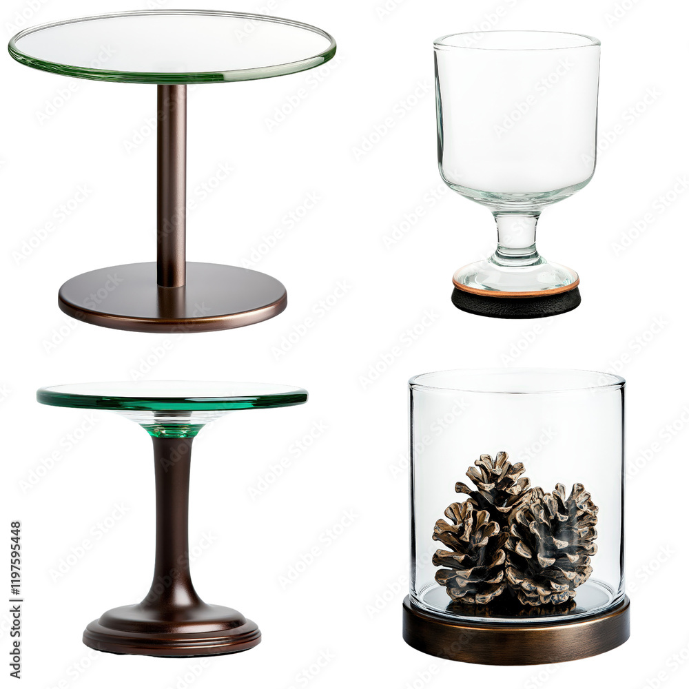 Aufkleber three glass tables displaying pine cones as decorative items in a modern setting on white background