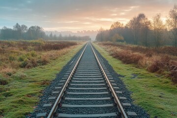 Obraz premium Tranquil railway tracks stretch through a misty landscape at dawn with soft sunlight illuminating the horizon