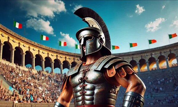 Gladiator prepares for battle in an ancient arena filled with spectators